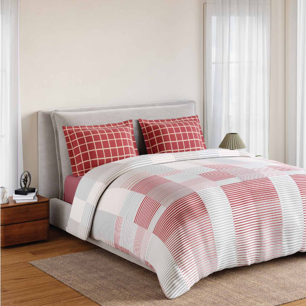 Spaces Fiora 100% Cotton 144 TC Geometric Fitted Queen Bedsheet with 2 Pillow Covers - 60 x 78 Inches, Dark Pink