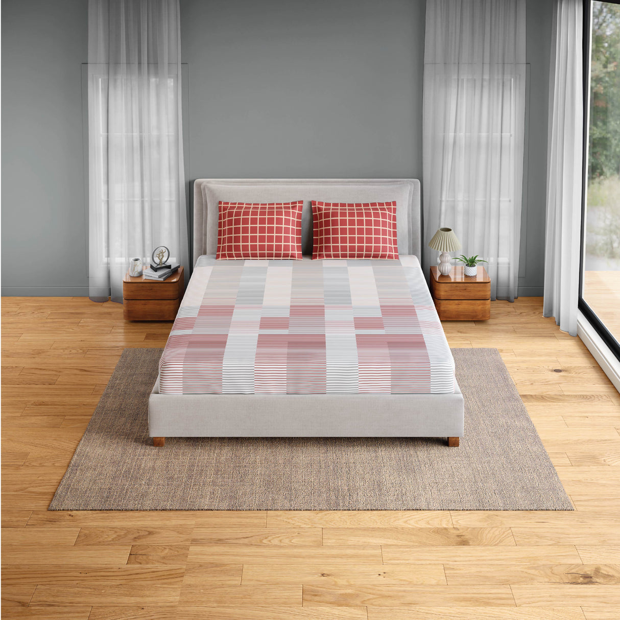 Spaces Fiora 100% Cotton 144 TC Percale Geometric Double Bedsheet with 2 Pillow Covers - 228 x 274 cm, Dark Pink