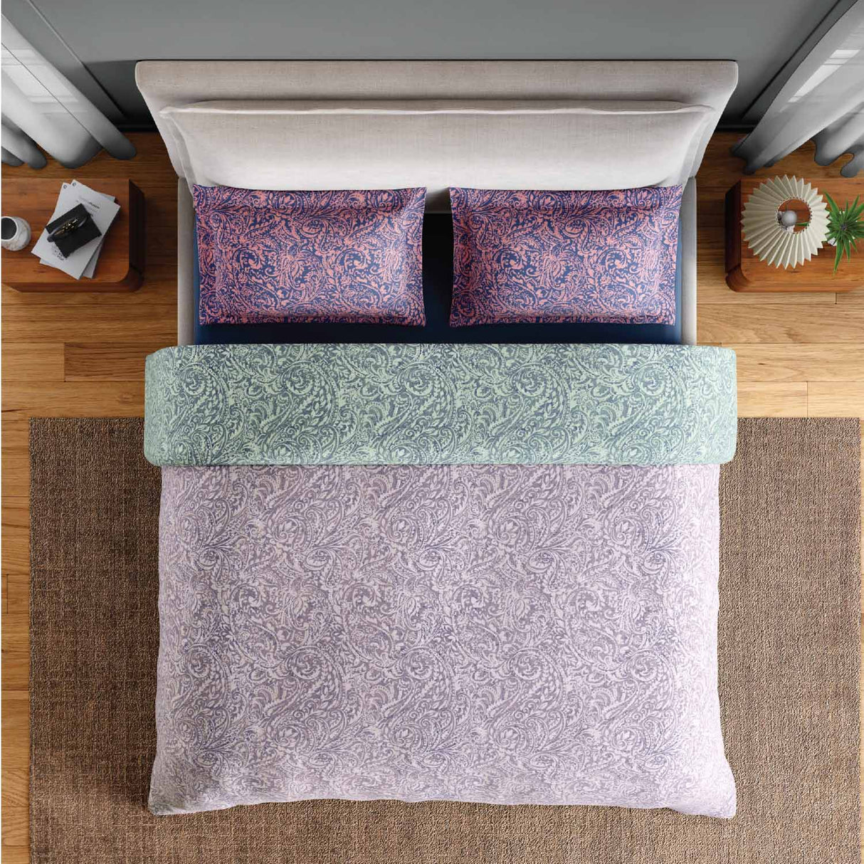 Spaces Fiora 100% Cotton 144 TC Floral Fitted Queen Bedsheet with 2 Pillow Covers - 60 x 78 Inches, Light Violet