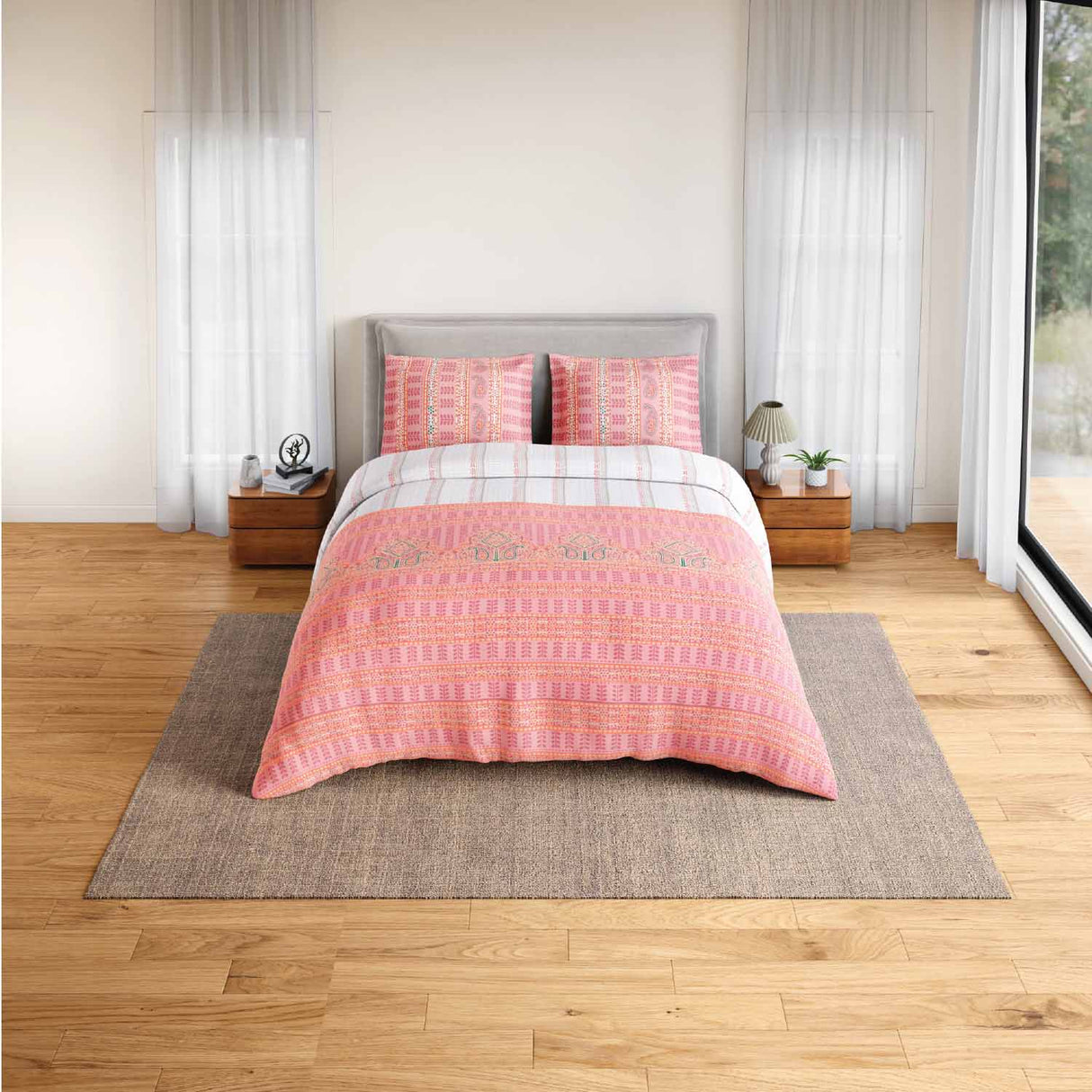 Spaces Fiora 100% Cotton 144 TC Ornate Fitted Queen Bedsheet with 2 Pillow Covers - 60 x 78 Inches, Pink