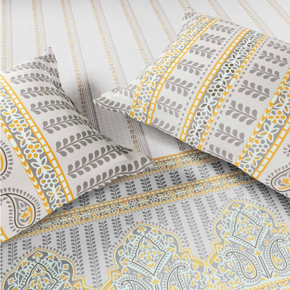 Spaces Fiora 100% Cotton 144 TC Ornate Fitted Queen Bedsheet with 2 Pillow Covers - 60 x 78 Inches, Light Grey