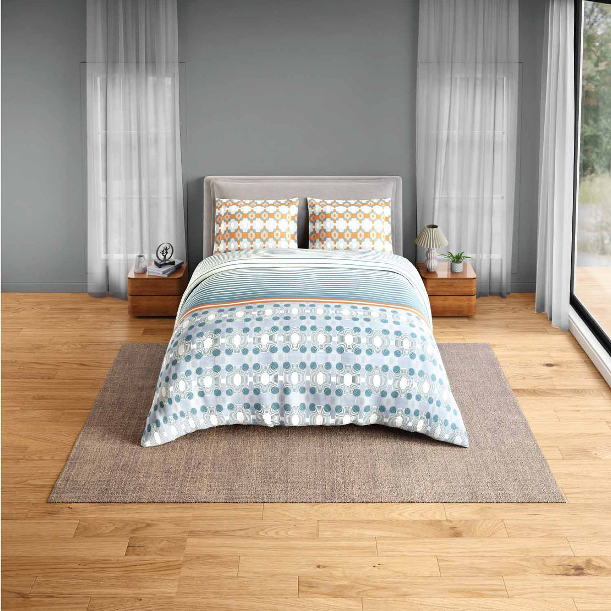 Spaces Neo Paradox 100% Cotton 152 TC Percale Geometric Large Bedsheet with 2 Pillow Covers - 274 x 274 cm, Light Teal