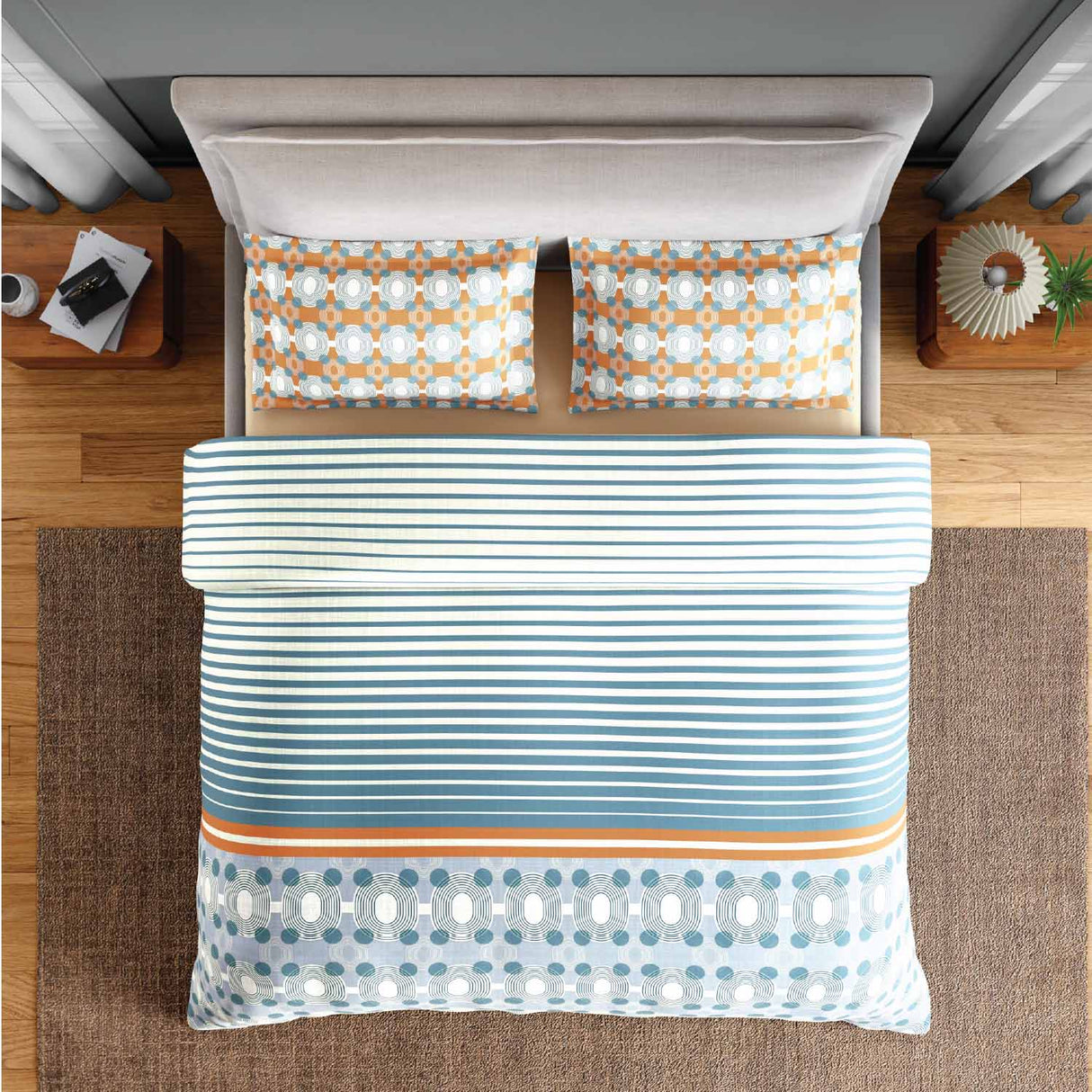 Spaces Neo Paradox 100% Cotton 152 TC Percale Geometric Large Bedsheet with 2 Pillow Covers - 274 x 274 cm, Light Teal