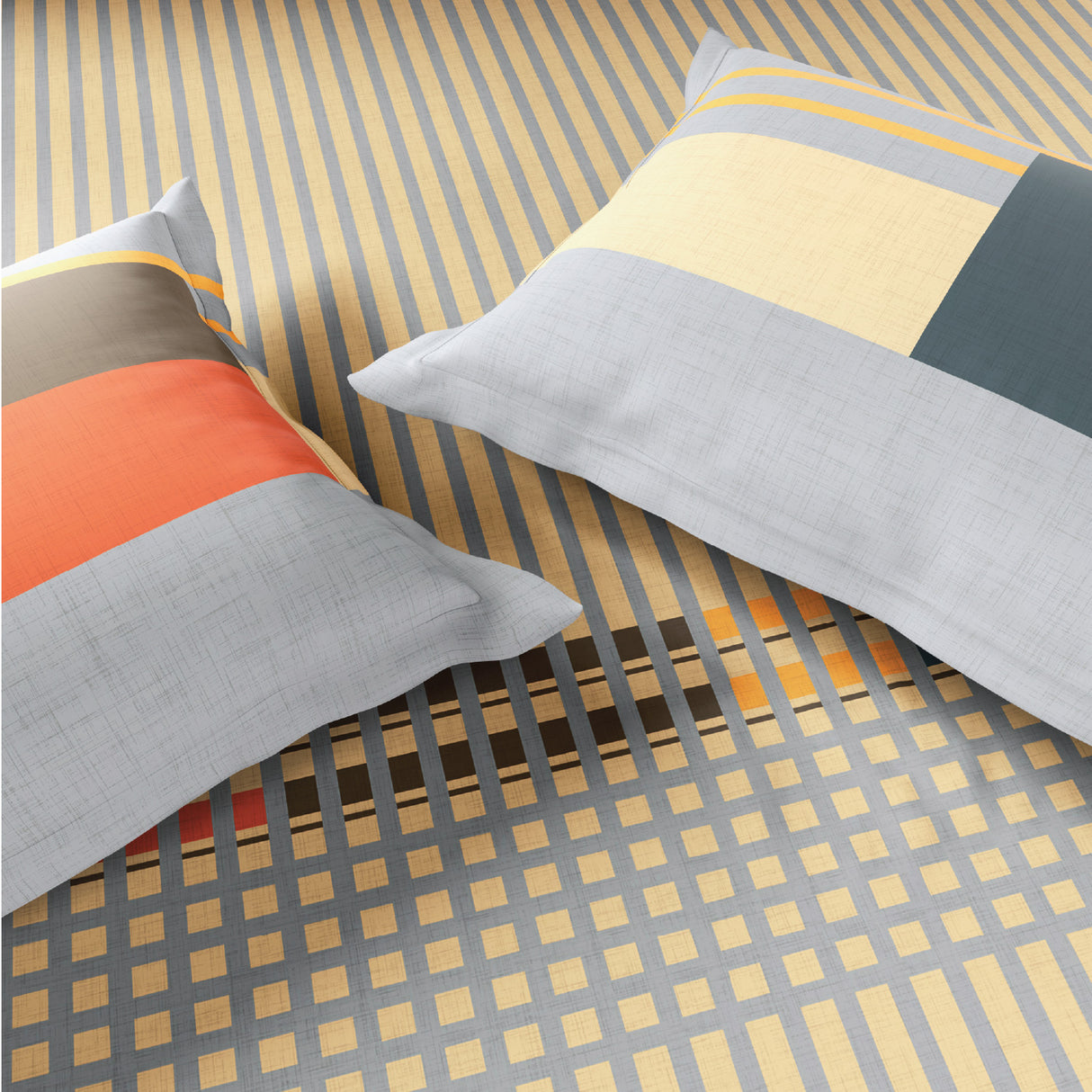 Spaces Neo Paradox 100% Cotton 152 TC Percale Geometric Large Bedsheet with 2 Pillow Covers - 274 x 274 cm, Light Yellow