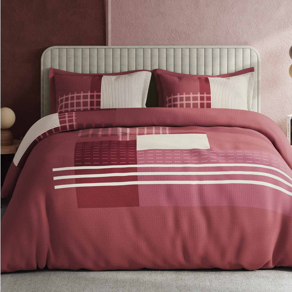 Spaces Avaris Structure Geometric 100% Cotton 210 TC Double Bedsheet with 2 Pillow Covers - 274 x 274 cm, Maroon