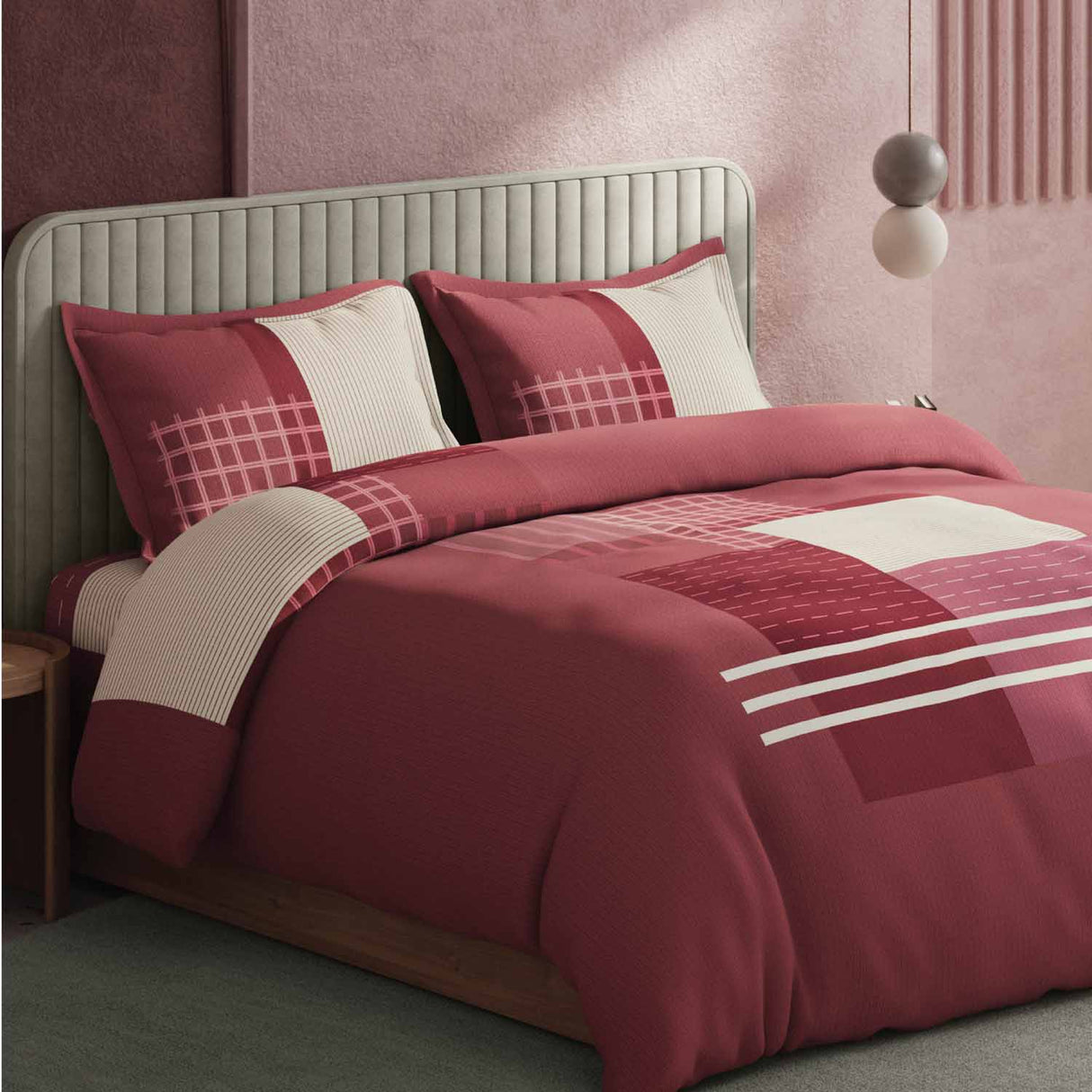 Spaces Avaris Structure Geometric 100% Cotton 210 TC Double Bedsheet with 2 Pillow Covers - 274 x 274 cm, Maroon