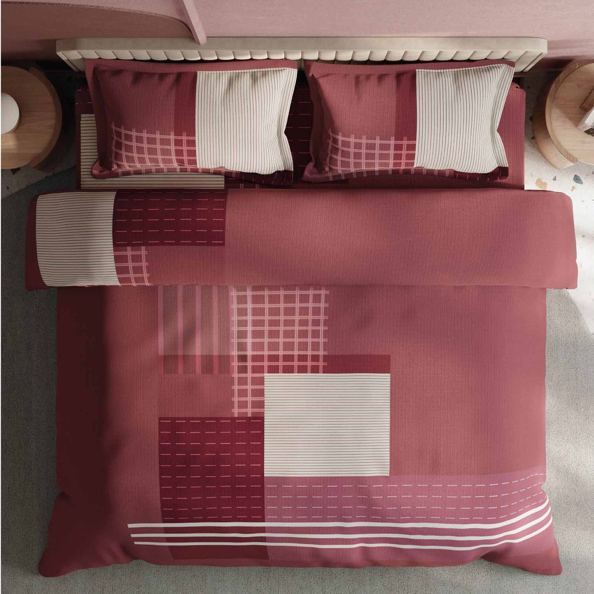 Spaces Avaris Structure Geometric 100% Cotton 210 TC Double Bedsheet with 2 Pillow Covers - 274 x 274 cm, Maroon