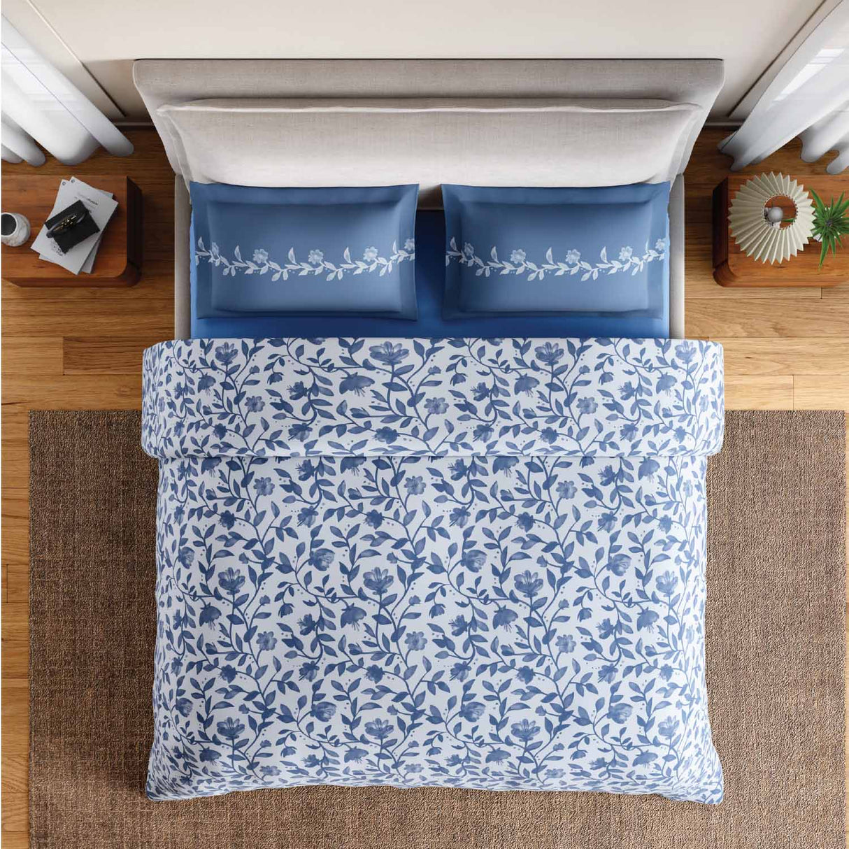 Spaces Rio Bloomscape 100% Cotton 132 TC Percale Fioral Double Bedsheet with 2 Pillow Covers - 228 x 274 cm, Blue
