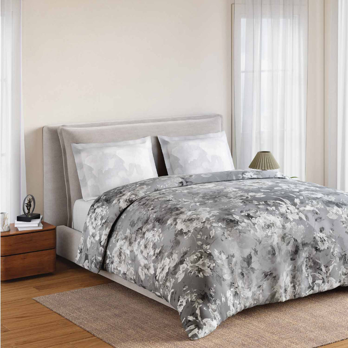 Spaces Rio Bloomscape 100% Cotton 132 TC Percale Fioral Double Bedsheet with 2 Pillow Covers - 228 x 274 cm, Grey