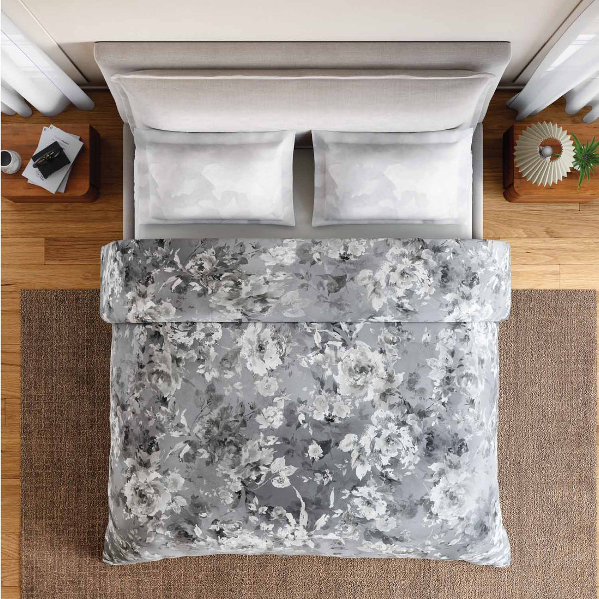 Spaces Rio Bloomscape 100% Cotton 132 TC Percale Fioral Double Bedsheet with 2 Pillow Covers - 228 x 274 cm, Grey