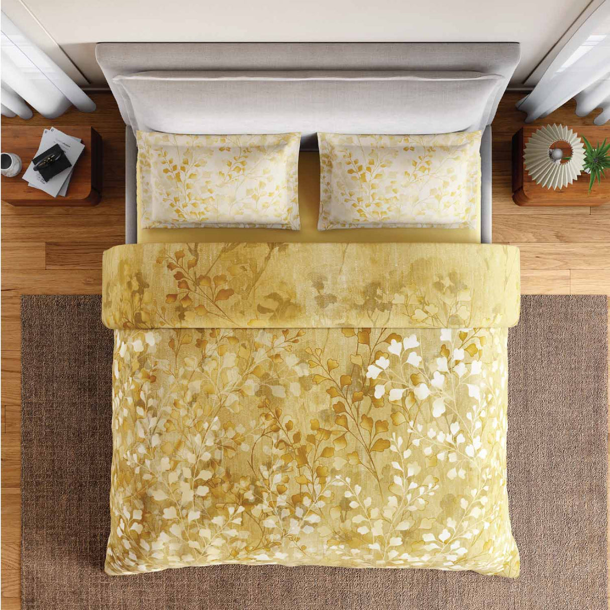 Spaces Rio Bloomscape 100% Cotton 132 TC Percale Fioral Double Bedsheet with 2 Pillow Covers - 228 x 274 cm, Light Yellow