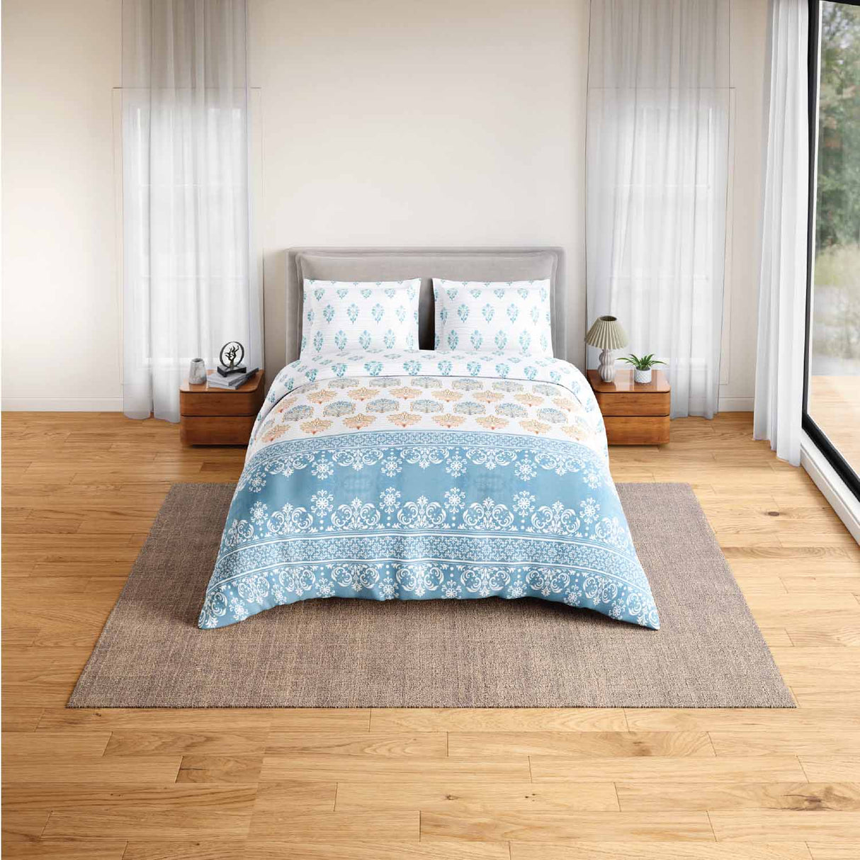 Spaces Rio Summer Carvan 100% Cotton 132 TC Percale Ornate Double Bedsheet with 2 Pillow Covers - 228 x 274 cm, Cream