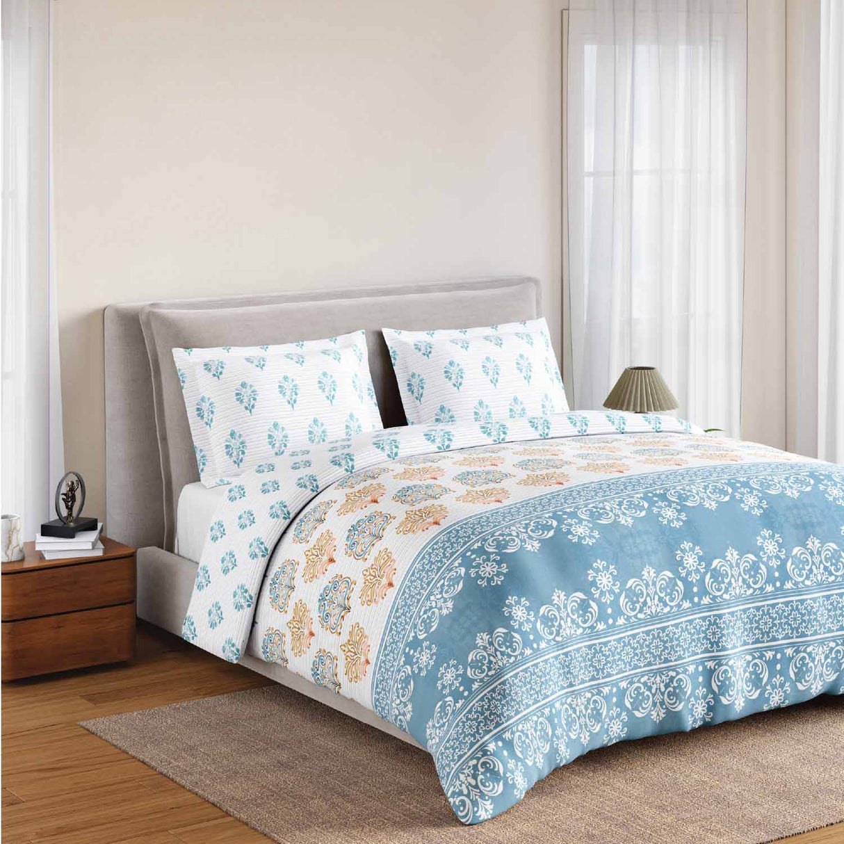 Spaces Rio Summer Carvan 100% Cotton 132 TC Percale Ornate Double Bedsheet with 2 Pillow Covers - 228 x 274 cm, Cream