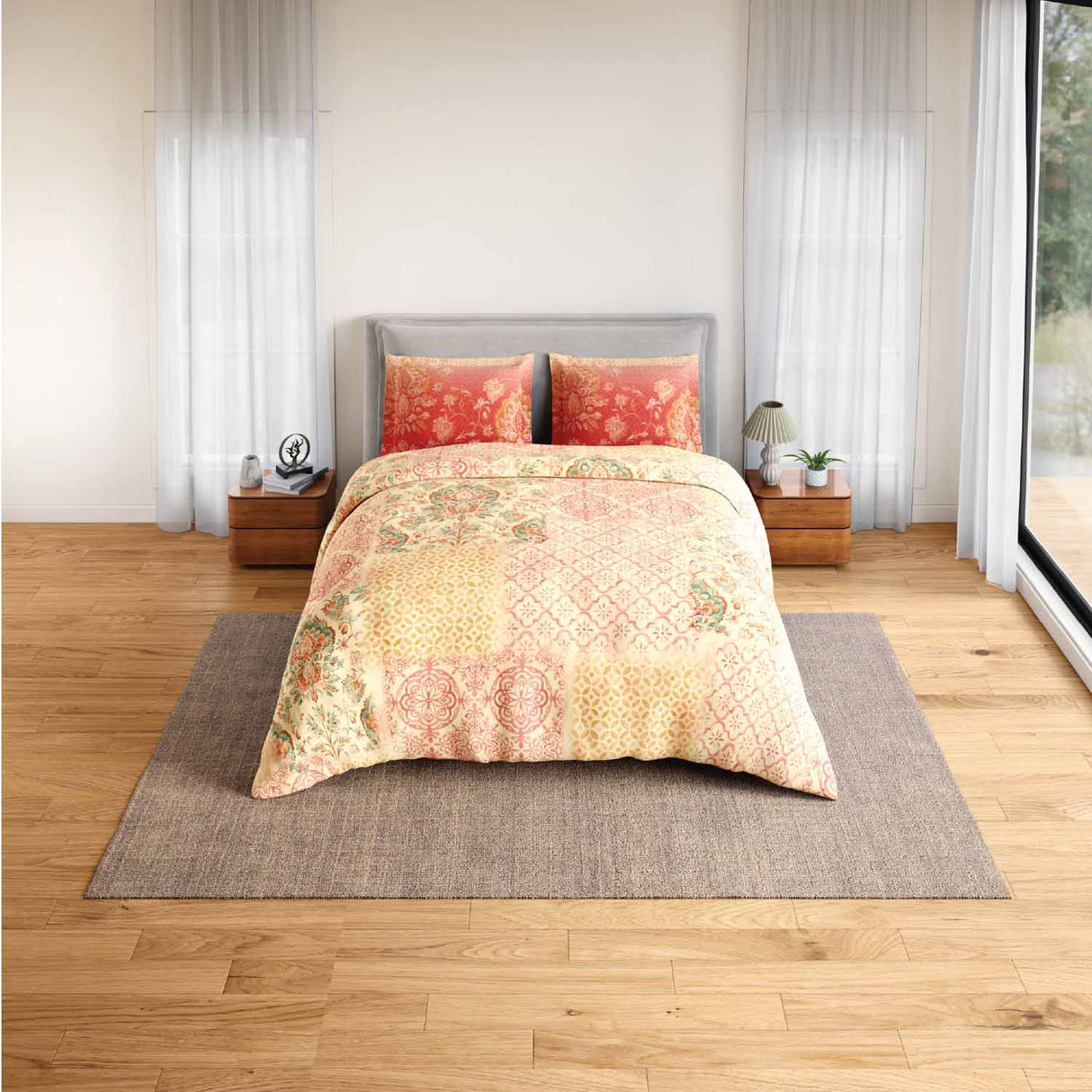 Spaces Rio Summer Carvan 100% Cotton 132 TC Percale Ornate Double Bedsheet with 2 Pillow Covers - 228 x 274 cm, Light Peach
