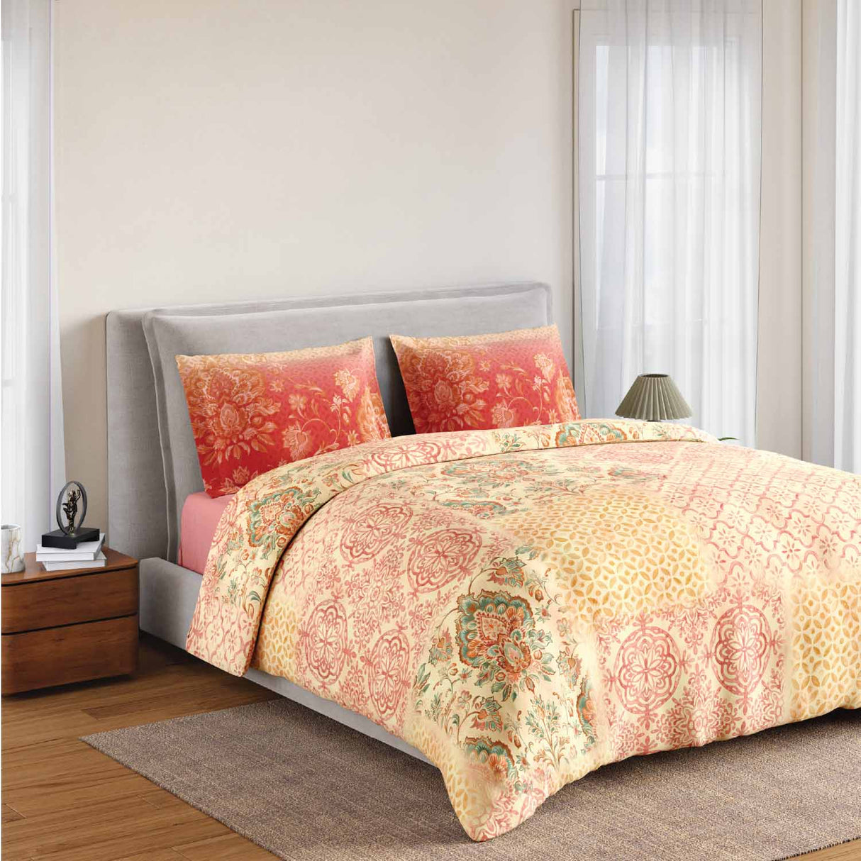 Spaces Rio Summer Carvan 100% Cotton 132 TC Percale Ornate Double Bedsheet with 2 Pillow Covers - 228 x 274 cm, Light Peach