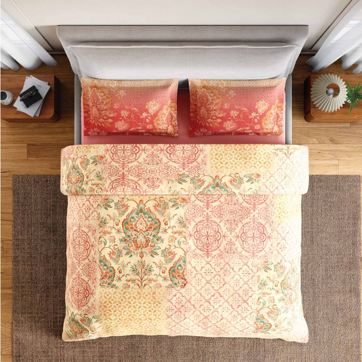 Spaces Rio Summer Carvan 100% Cotton 132 TC Percale Ornate Double Bedsheet with 2 Pillow Covers - 228 x 274 cm, Light Peach