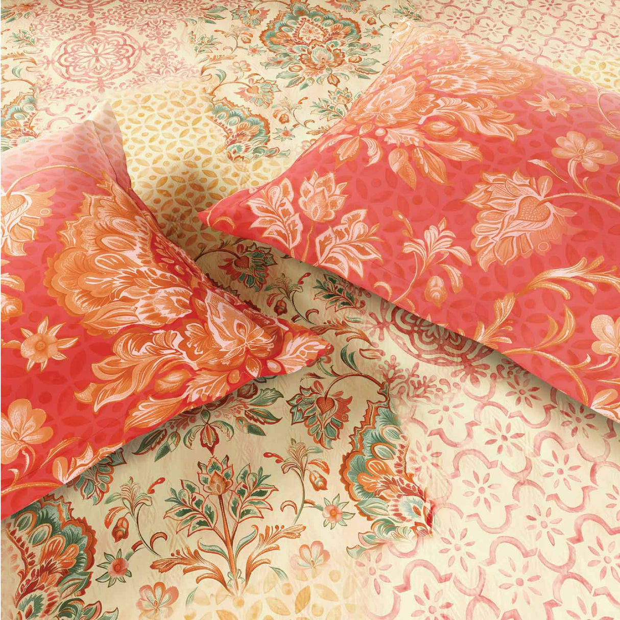 Spaces Rio Summer Carvan 100% Cotton 132 TC Percale Ornate Double Bedsheet with 2 Pillow Covers - 228 x 274 cm, Light Peach