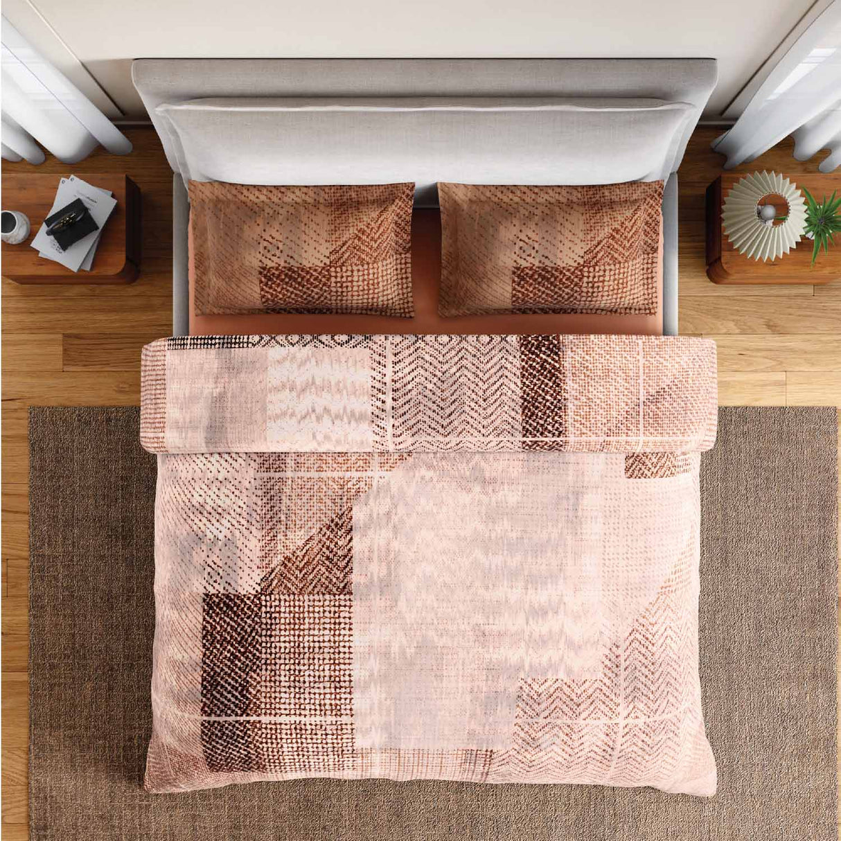Spaces Rio Geoform 100% Cotton 132 TC Percale Geometric Double Bedsheet with 2 Pillow Covers - 228 x 274 cm, Brown