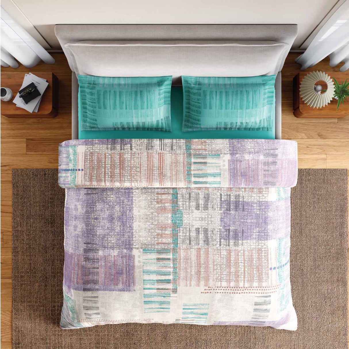 Spaces Rio Geoform 100% Cotton 132 TC Percale Geometric Double Bedsheet with 2 Pillow Covers - 228 x 274 cm, Violet