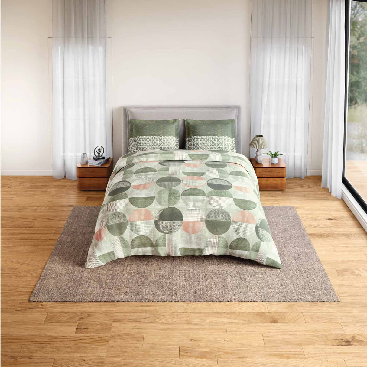 Spaces Rio Geoform 100% Cotton 132 TC Percale Geometric Double Bedsheet with 2 Pillow Covers - 228 x 274 cm, Dark Green