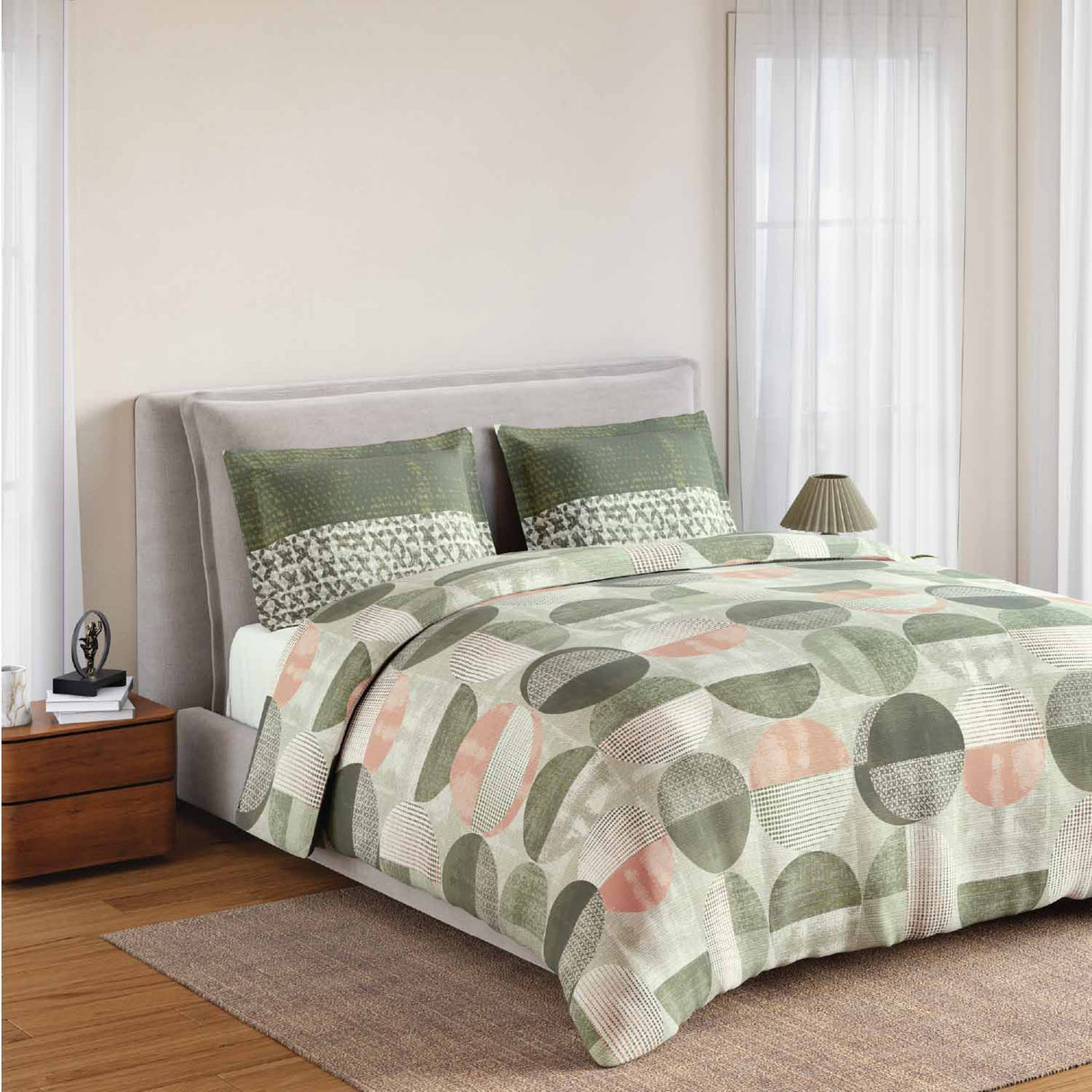 Spaces Rio Geoform 100% Cotton 132 TC Percale Geometric Double Bedsheet with 2 Pillow Covers - 228 x 274 cm, Dark Green
