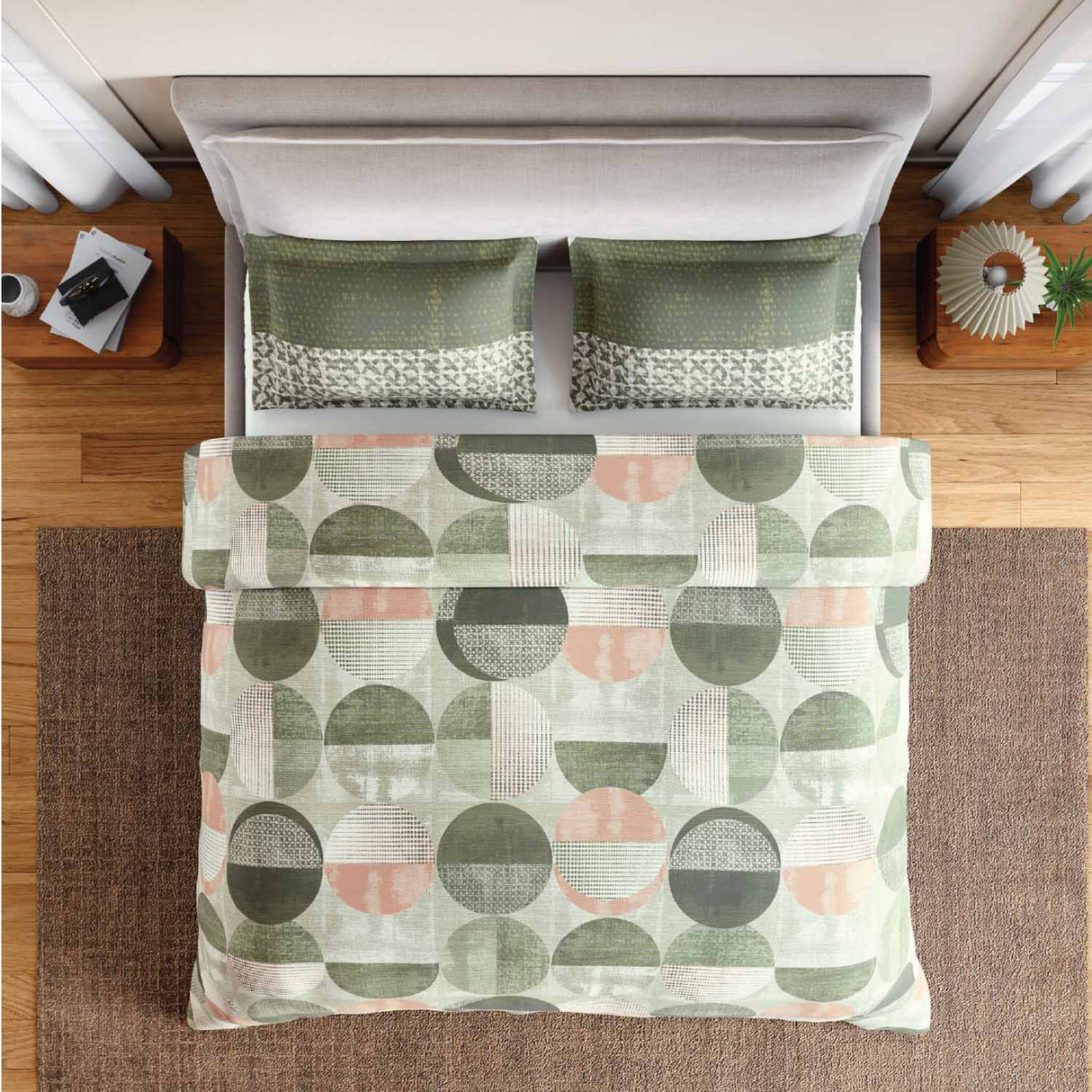 Spaces Rio Geoform 100% Cotton 132 TC Percale Geometric Double Bedsheet with 2 Pillow Covers - 228 x 274 cm, Dark Green