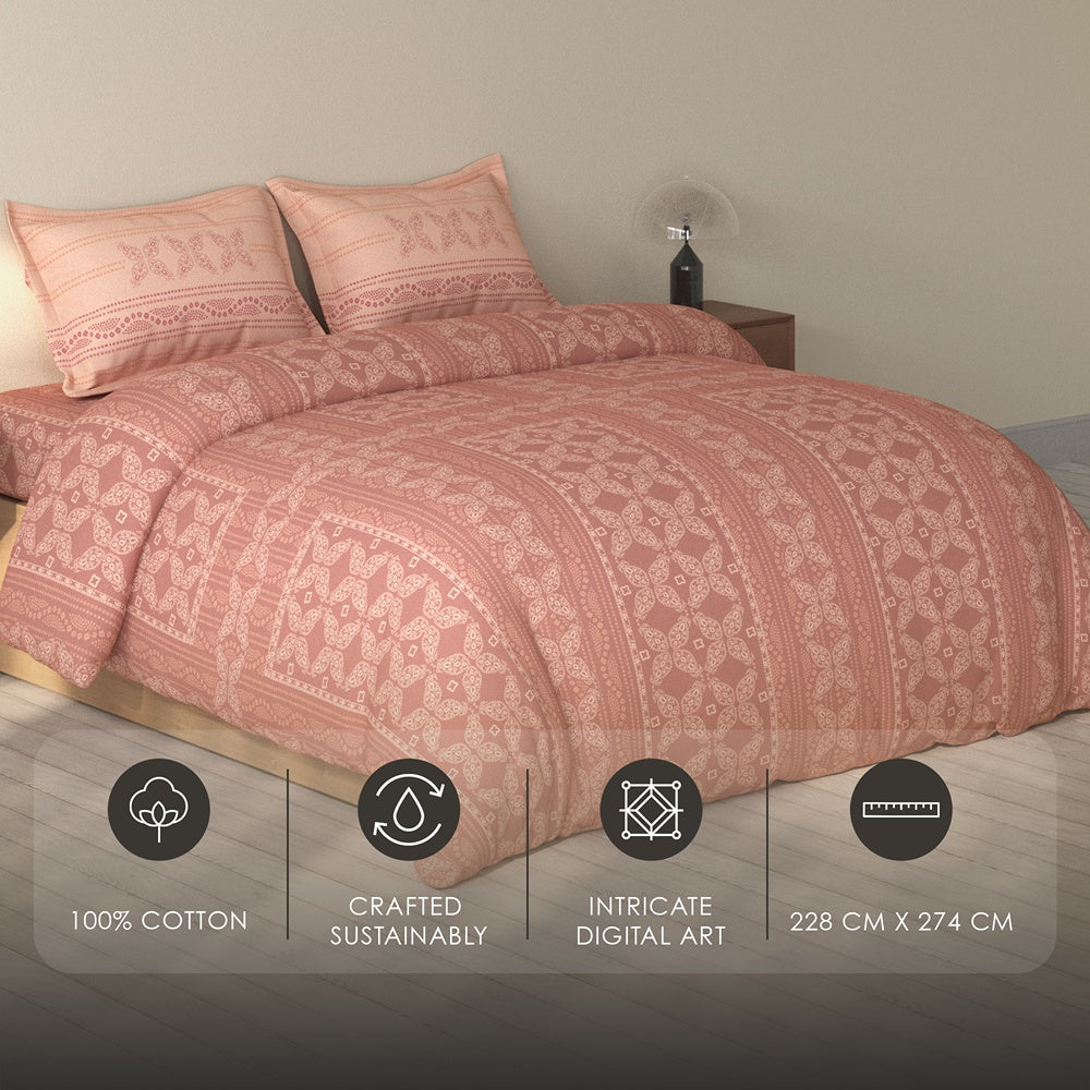 Spaces Rio 100% Cotton Ornate Double Bedsheet with 2 Pillow Covers - 90 x 108 Inches, Dark Blush