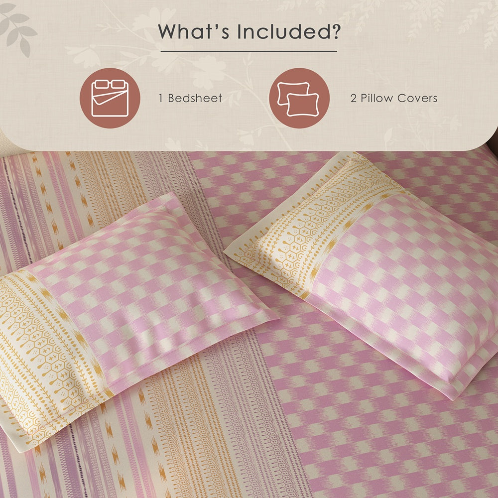 Spaces Rio 100% Cotton Ornate Double Bedsheet with 2 Pillow Covers - 90 x 108 Inches, Pink