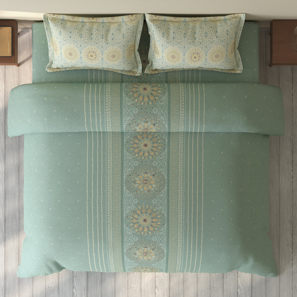 Spaces Rio 100% Cotton Ornate Double Bedsheet with 2 Pillow Covers - 90 x 108 Inches, Light Teal