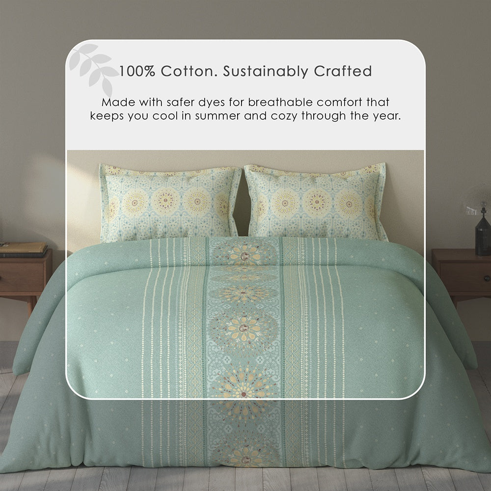 Spaces Rio 100% Cotton Ornate Double Bedsheet with 2 Pillow Covers - 90 x 108 Inches, Light Teal