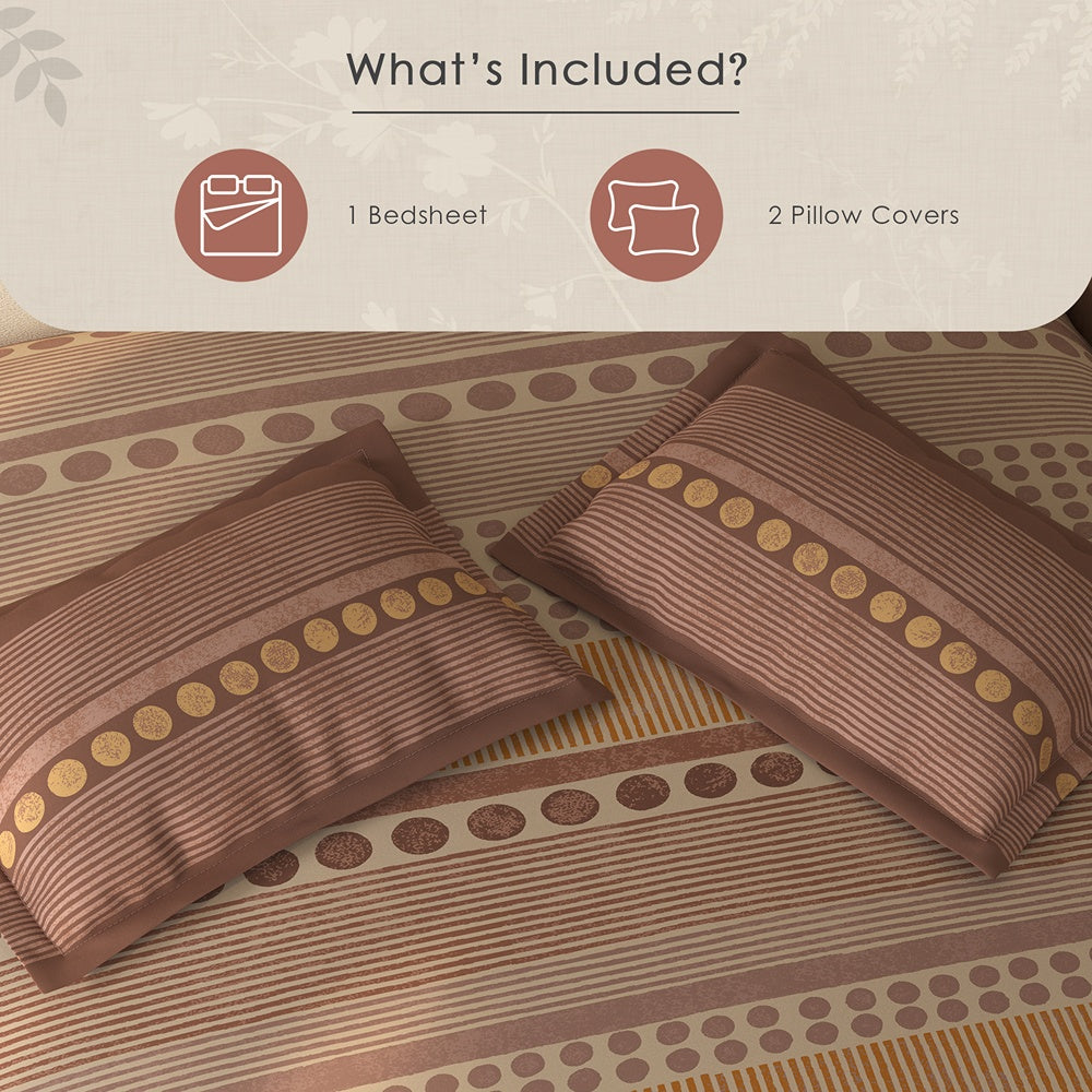 Spaces Rio 100% Cotton Ornate Double Bedsheet with 2 Pillow Covers - 90 x 108 Inches, Light Brown