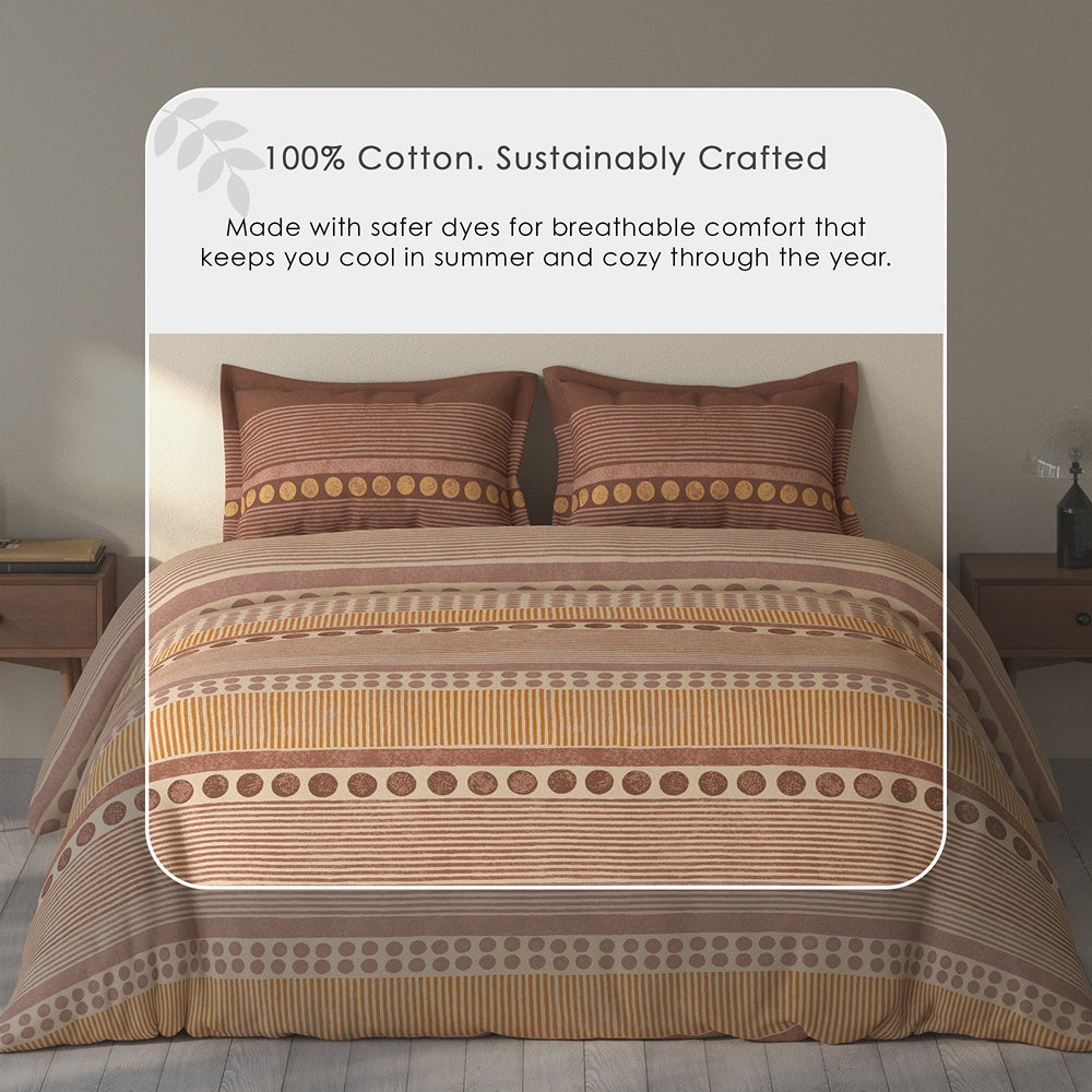 Spaces Rio 100% Cotton Ornate Double Bedsheet with 2 Pillow Covers - 90 x 108 Inches, Light Brown