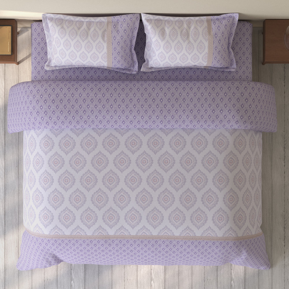 Spaces Rio 100% Cotton Ornate Double Bedsheet with 2 Pillow Covers - 90 x 108 Inches, Light Violet