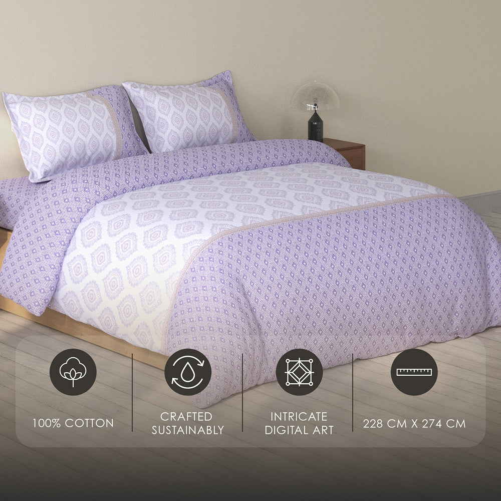 Spaces Rio 100% Cotton Ornate Double Bedsheet with 2 Pillow Covers - 90 x 108 Inches, Light Violet
