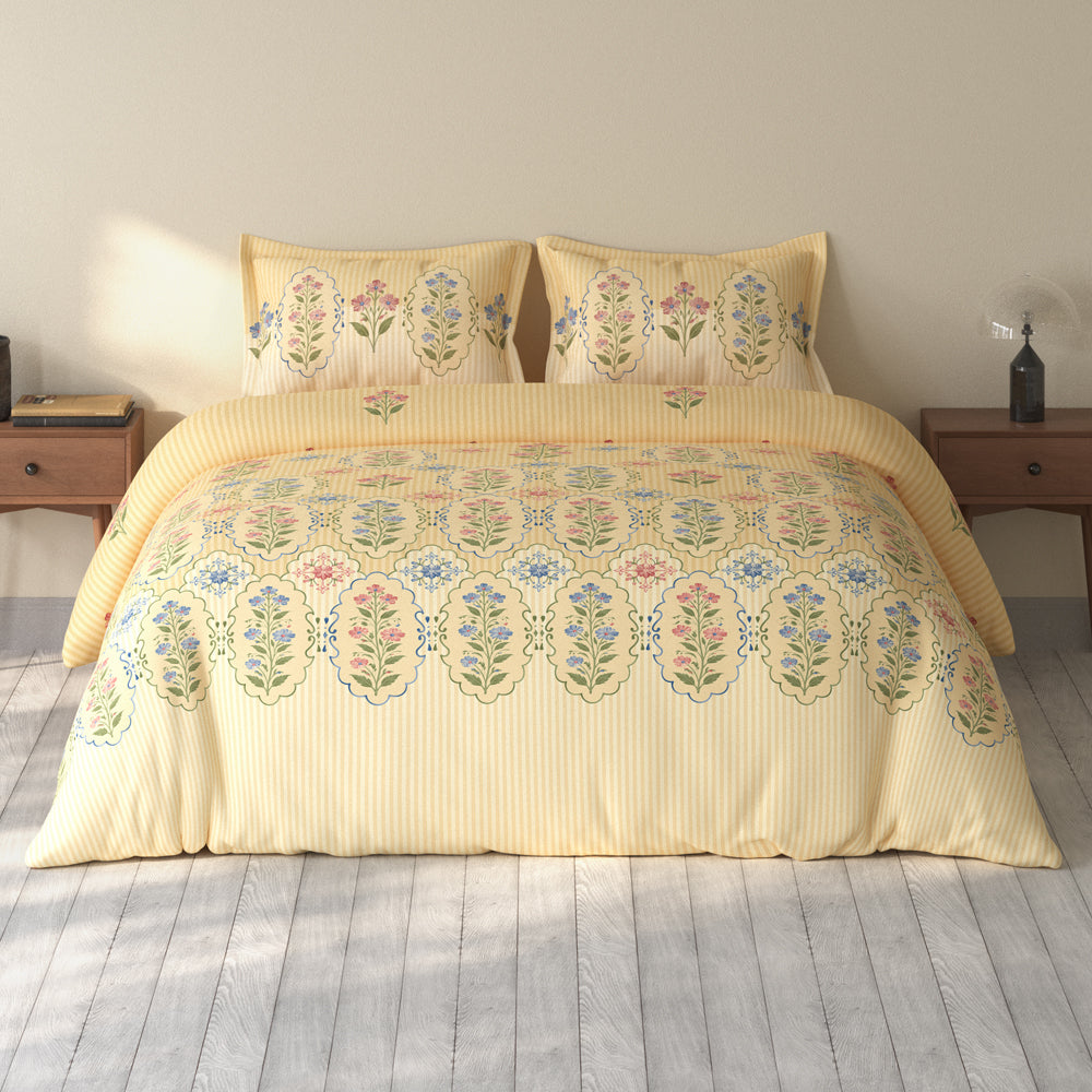 Spaces Rio 100% Cotton Floral Double Bedsheet with 2 Pillow Covers - 90 x 108 Inches, Light Yellow