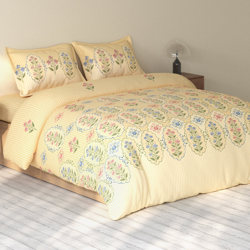 Spaces Rio 100% Cotton Floral Double Bedsheet with 2 Pillow Covers - 90 x 108 Inches, Light Yellow
