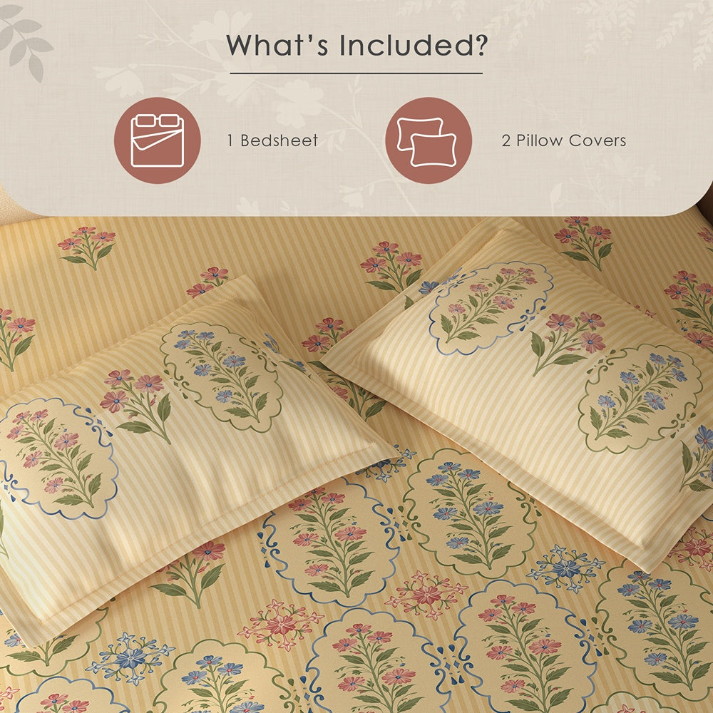 Spaces Rio 100% Cotton Floral Double Bedsheet with 2 Pillow Covers - 90 x 108 Inches, Light Yellow