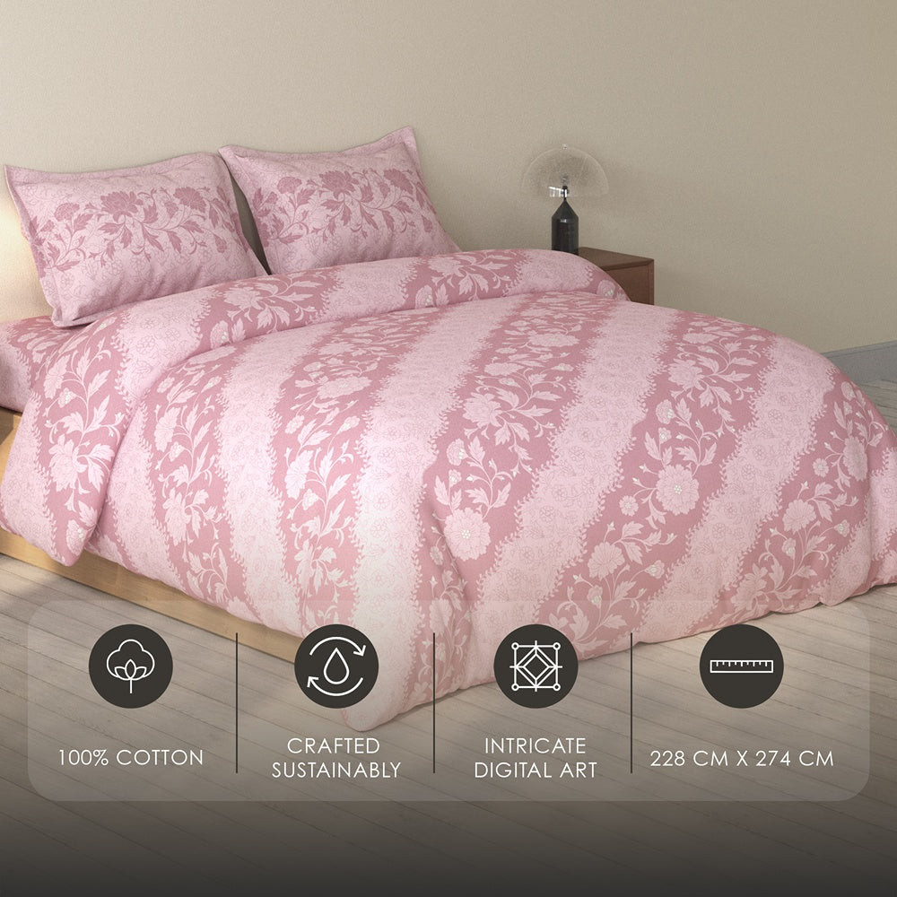 Spaces Rio 100% Cotton Floral Double Bedsheet with 2 Pillow Covers - 90 x 108 Inches, Blush