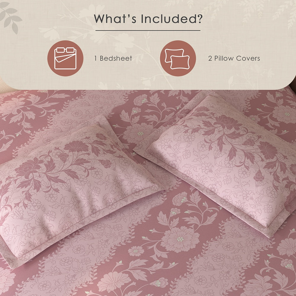 Spaces Rio 100% Cotton Floral Double Bedsheet with 2 Pillow Covers - 90 x 108 Inches, Blush