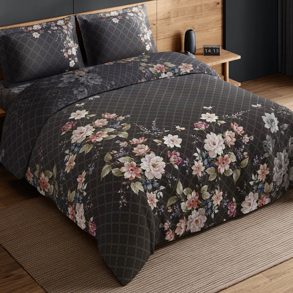 Spaces Avaris 100% Cotton 210 TC Floral Large Bedsheet with 2 Pillow Covers - 108 x 108 Inches, Dark Brown