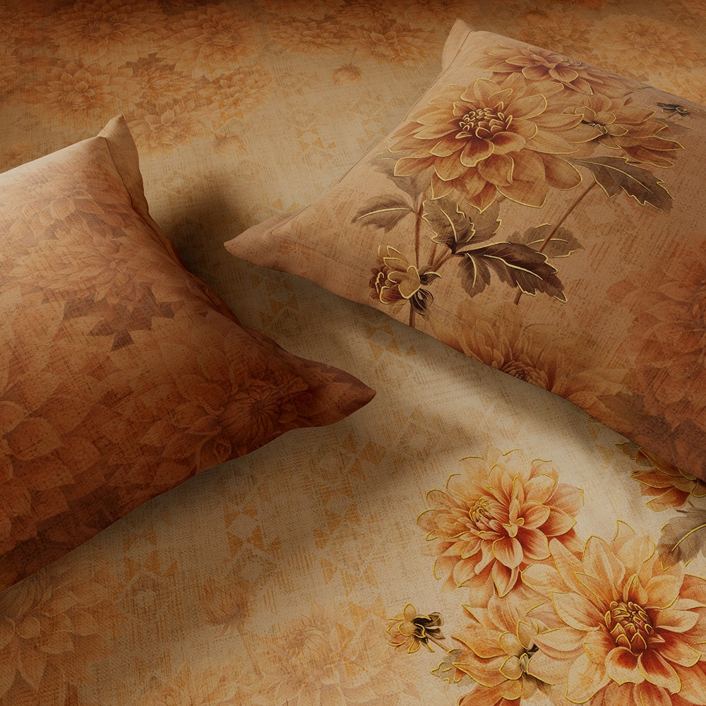 Spaces Avaris 100% Cotton 210 TC Floral Large Bedsheet with 2 Pillow Covers - 108 x 108 Inches, Dark Orange