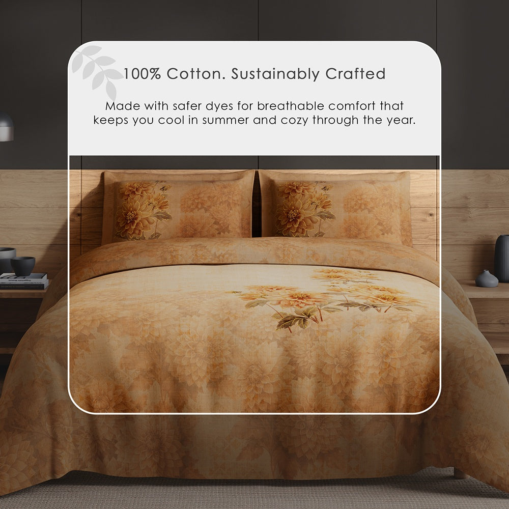 Spaces Avaris 100% Cotton 210 TC Floral Large Bedsheet with 2 Pillow Covers - 108 x 108 Inches, Dark Orange