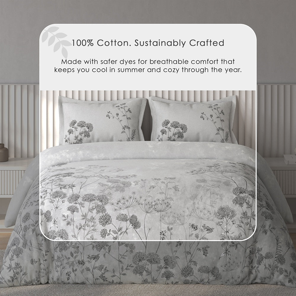 Spaces Vortex Floral 100% Cotton Crafted Comfort Large Bedsheet with 2 Pillow Covers - 108 x 108 Inches, Light Grey