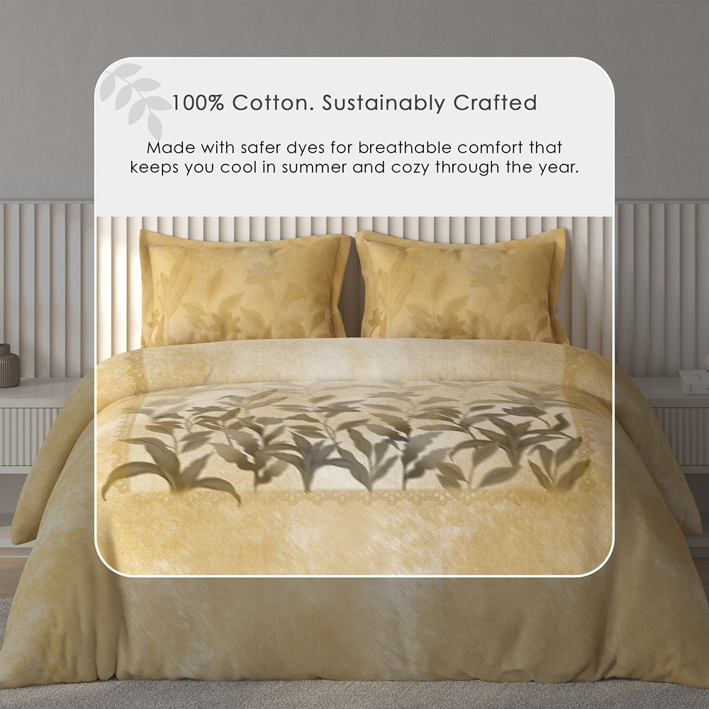 Spaces Vortex Floral 100% Cotton Crafted Comfort Large Bedsheet with 2 Pillow Covers - 108 x 108 Inches, Yellow