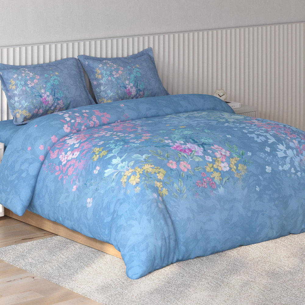 Spaces Vortex Floral 100% Cotton Crafted Comfort Large Bedsheet with 2 Pillow Covers - 108 x 108 Inches, Light Blue