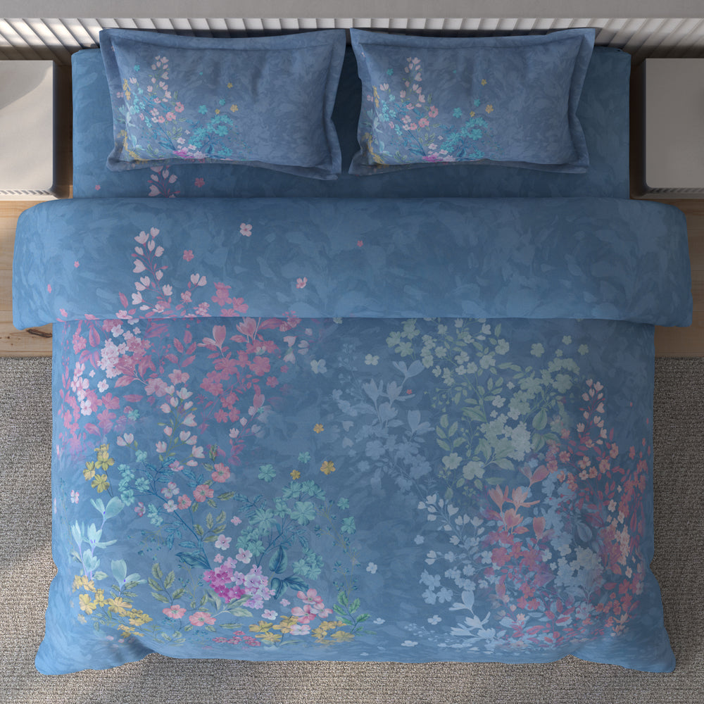 Spaces Vortex Floral 100% Cotton Crafted Comfort Large Bedsheet with 2 Pillow Covers - 108 x 108 Inches, Light Blue