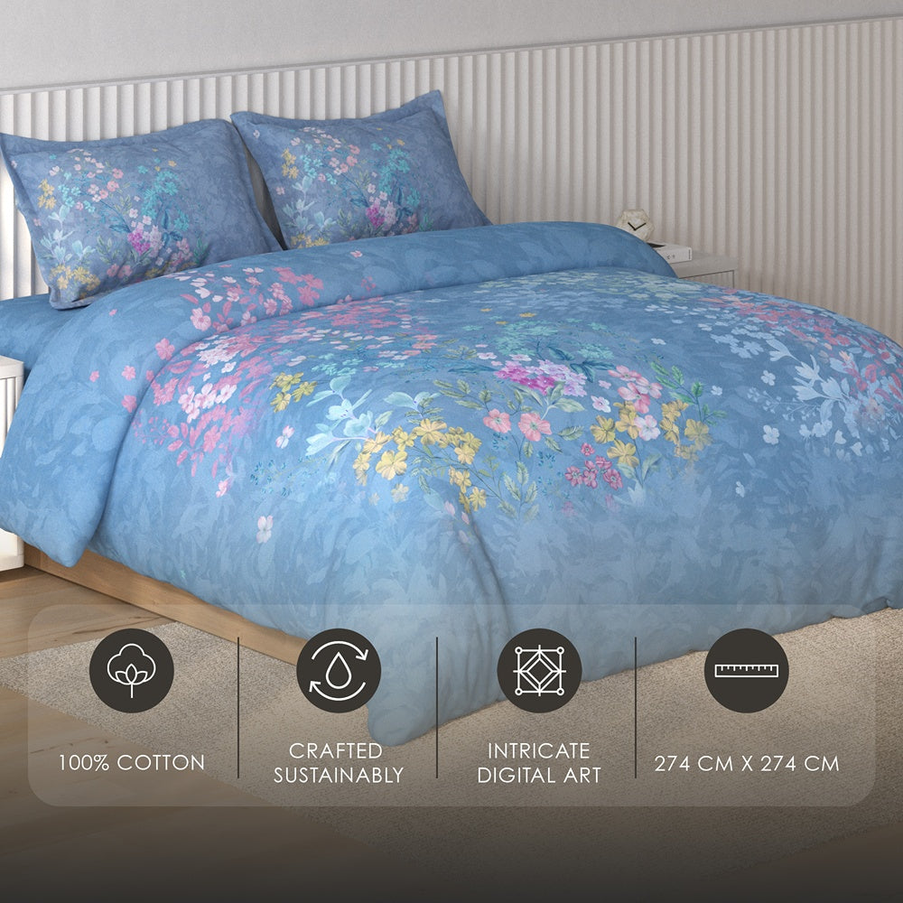 Spaces Vortex Floral 100% Cotton Crafted Comfort Large Bedsheet with 2 Pillow Covers - 108 x 108 Inches, Light Blue