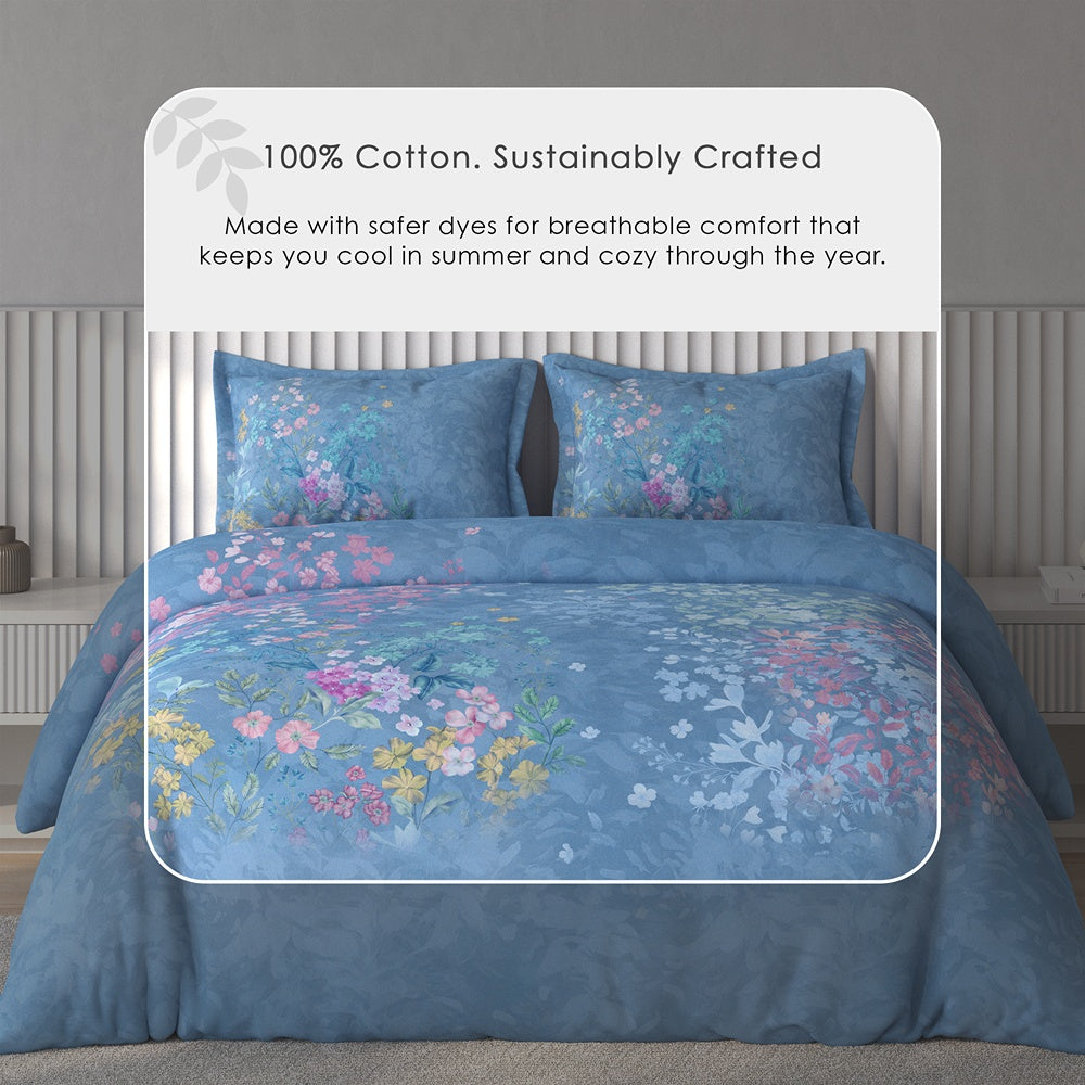 Spaces Vortex Floral 100% Cotton Crafted Comfort Large Bedsheet with 2 Pillow Covers - 108 x 108 Inches, Light Blue