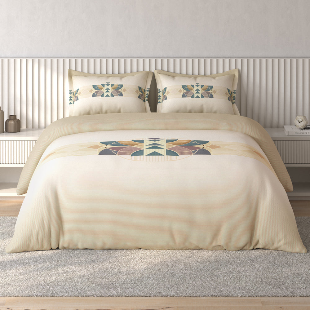 Spaces Vortex Geometric 100% Cotton Crafted Comfort Large Bedsheet with 2 Pillow Covers - 108 x 108 Inches, Beige