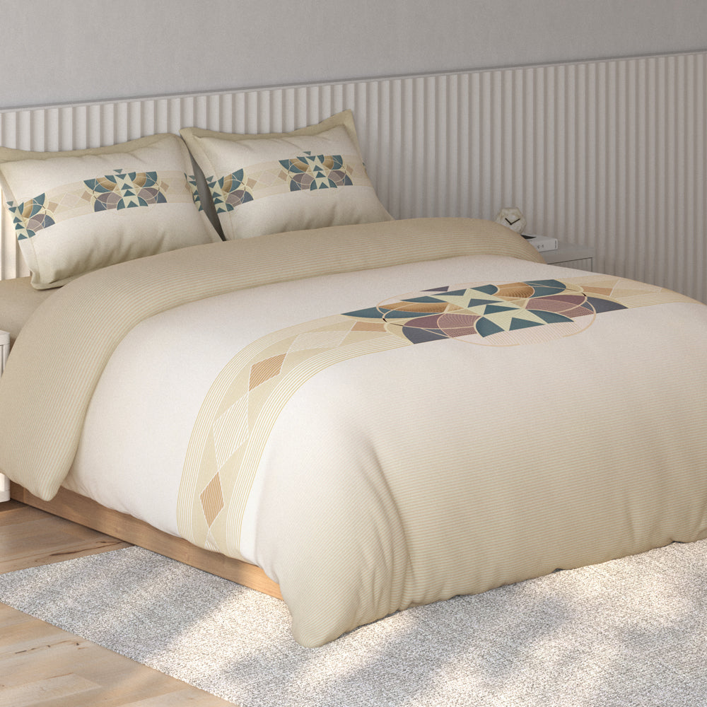 Spaces Vortex Geometric 100% Cotton Crafted Comfort Large Bedsheet with 2 Pillow Covers - 108 x 108 Inches, Beige